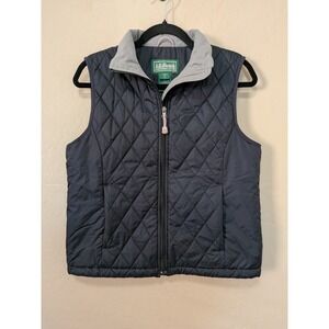 LL Bean Women Diamond Quilted Vest Black Fleece Lined Full Zip Pockets Size S